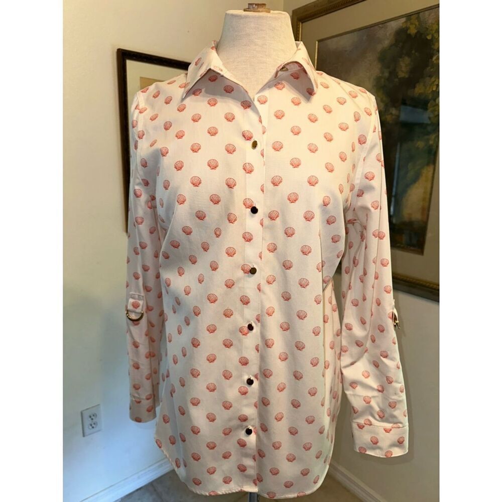 Chico’s White Button-Down w/Coral Shell Print & Gold Hardware Size 0= Small